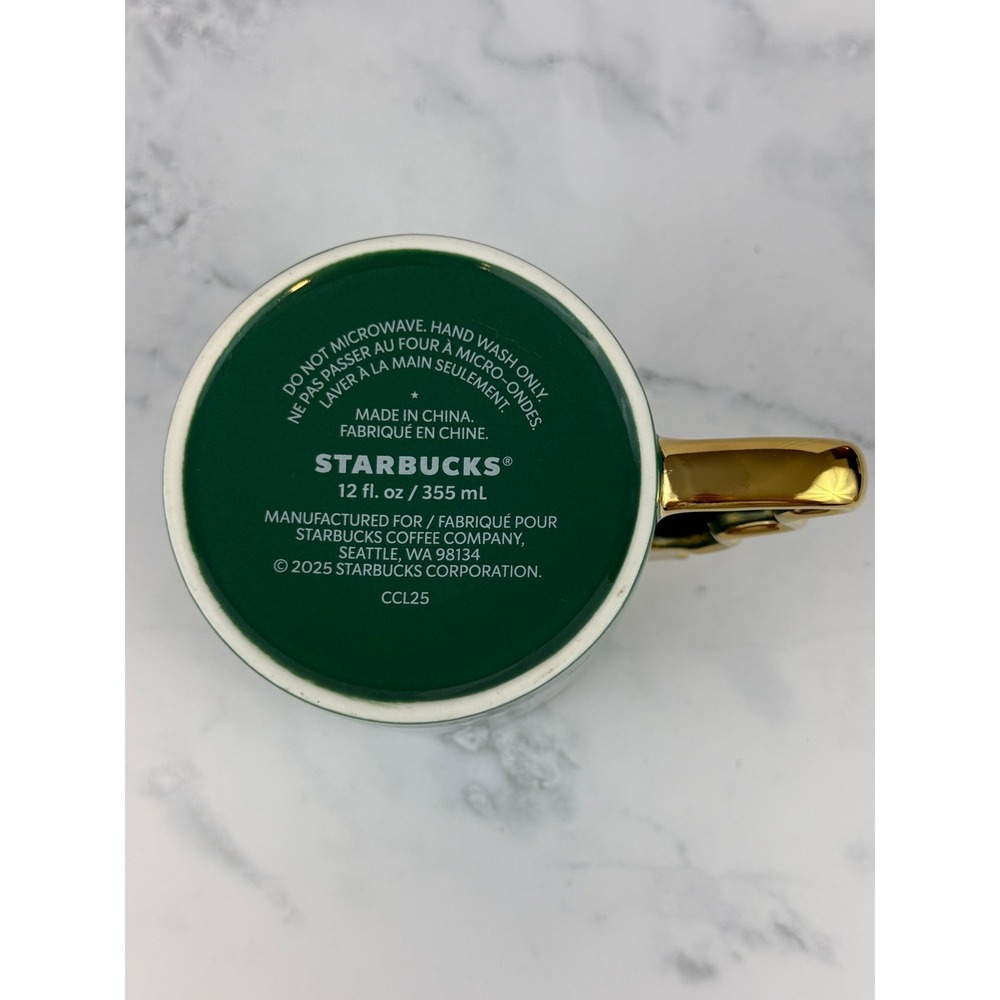 Starbucks 2025 Holiday Mug Green Snowflakes Tree Shaped Handle 4" MINT! - Picture 6 of 8